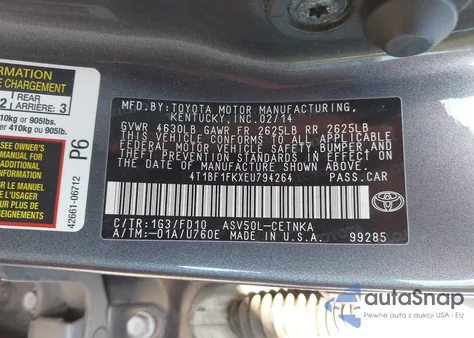 2014 Toyota Camry Le z USA, uszkodzony, nr VIN 4T1BF1FKXEU794264